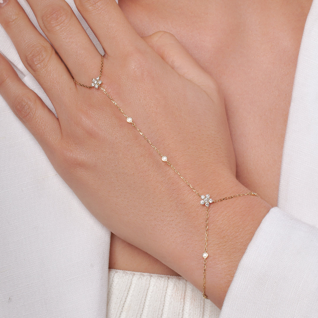 Pulsera Hand Chain roseta con diamantes naturales en Oro 18k