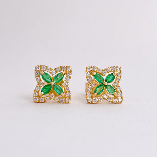 Aretes flor esmeralda con diamantes en Oro 18k