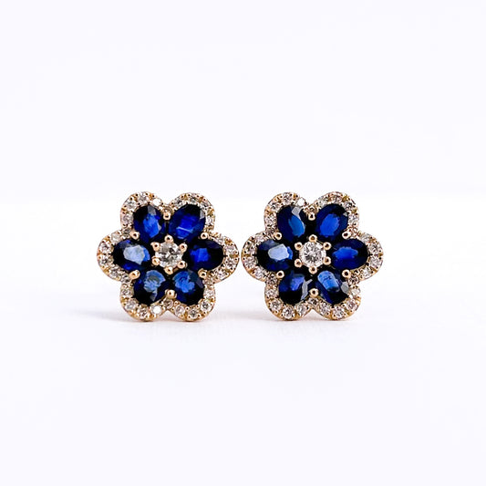 Aretes roseta zafiro con diamantes en Oro 18k