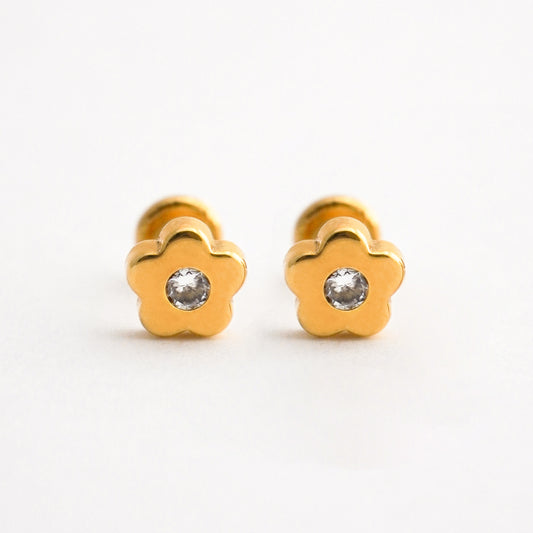 Aretes de Bebé de Flor con Circón en Oro 18K