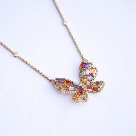 Collar Mariposa multi zafiros y diamantes oro 18k