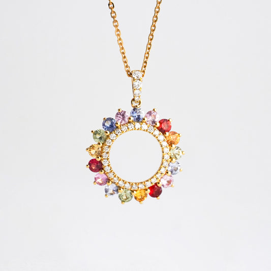 Collar Rainbow Eternity Halo con Zafiros Naturales y Diamantes en Oro 18K