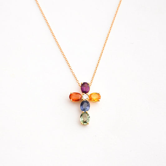 Collar Cruz Rainbow con Diamantes Naturales en Oro 18K