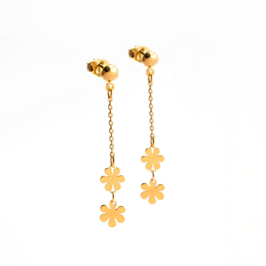 Aretes Colgantes Cascada de Flores en Oro 18K