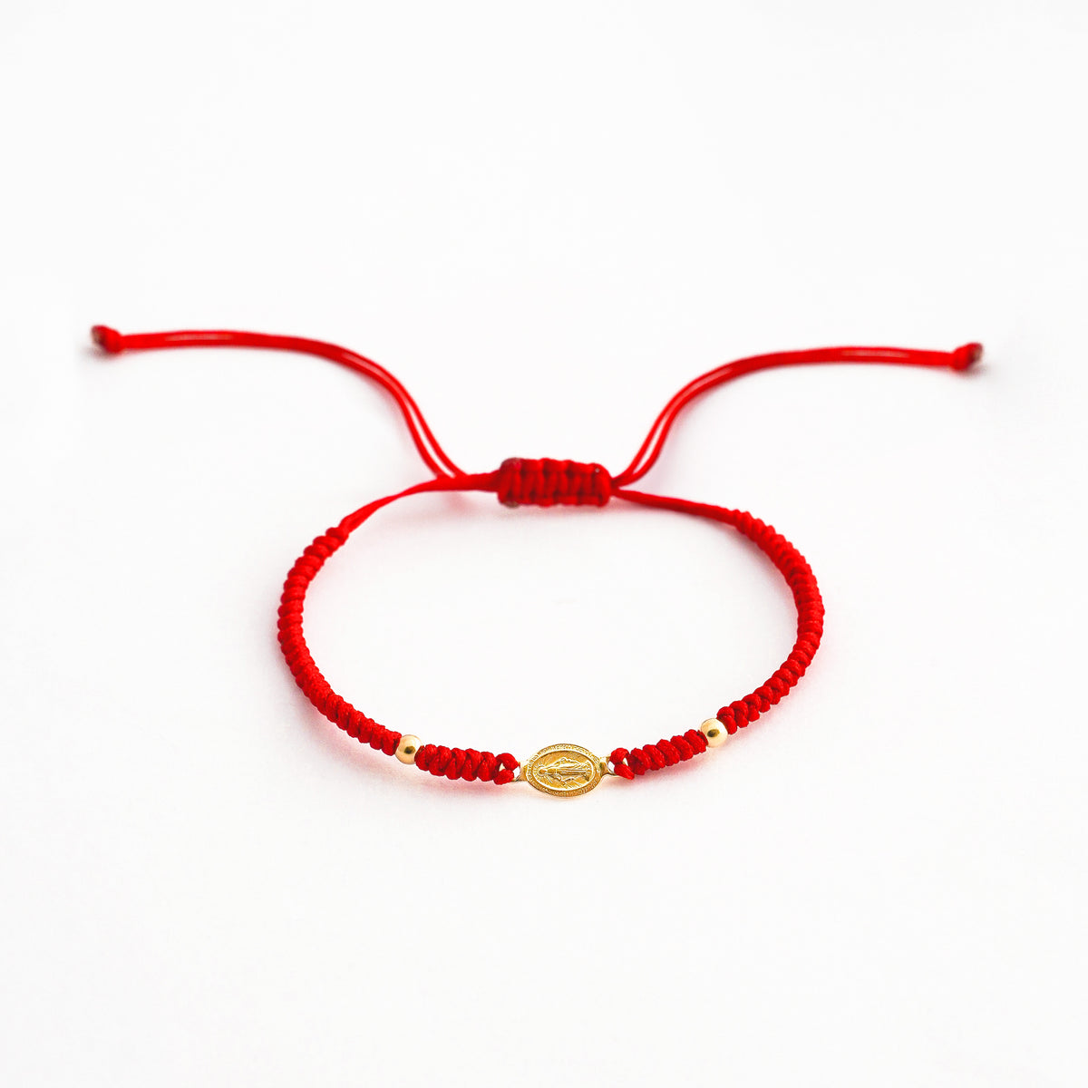 Pulsera Tejida con Medalla Virgen Milagrosa y Bolitas en Oro 18K