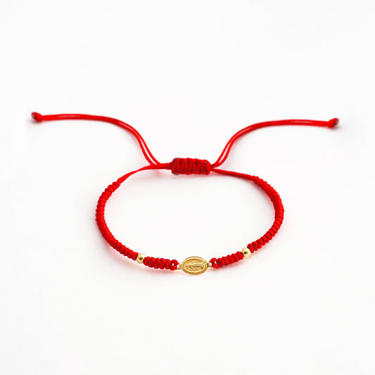 Pulsera Tejida con Medalla Virgen Milagrosa y Bolitas en Oro 18K