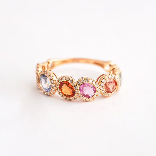 Anillo rivier fancy sapphires oval con diamantes naturales en Oro 18k