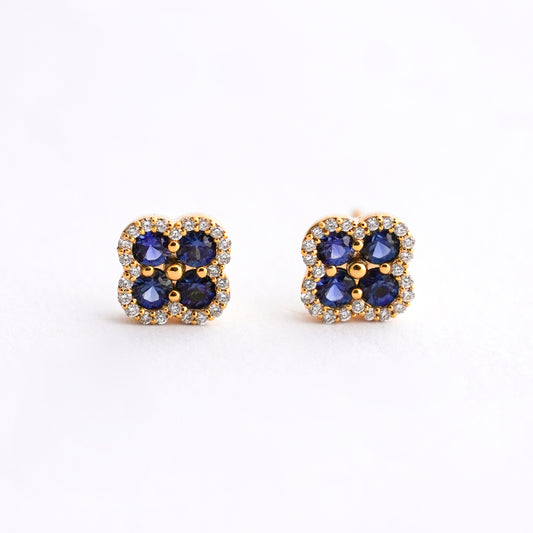 Aretes Trébol Zafiro con Diamantes en Oro 18K