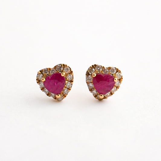 Aretes corazón imperial con rubi y diamantes naturales en Oro18k