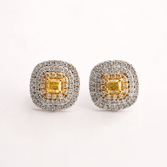 Aretes cushion yellow diamond con diamantes naturales en Oro blanco 18k