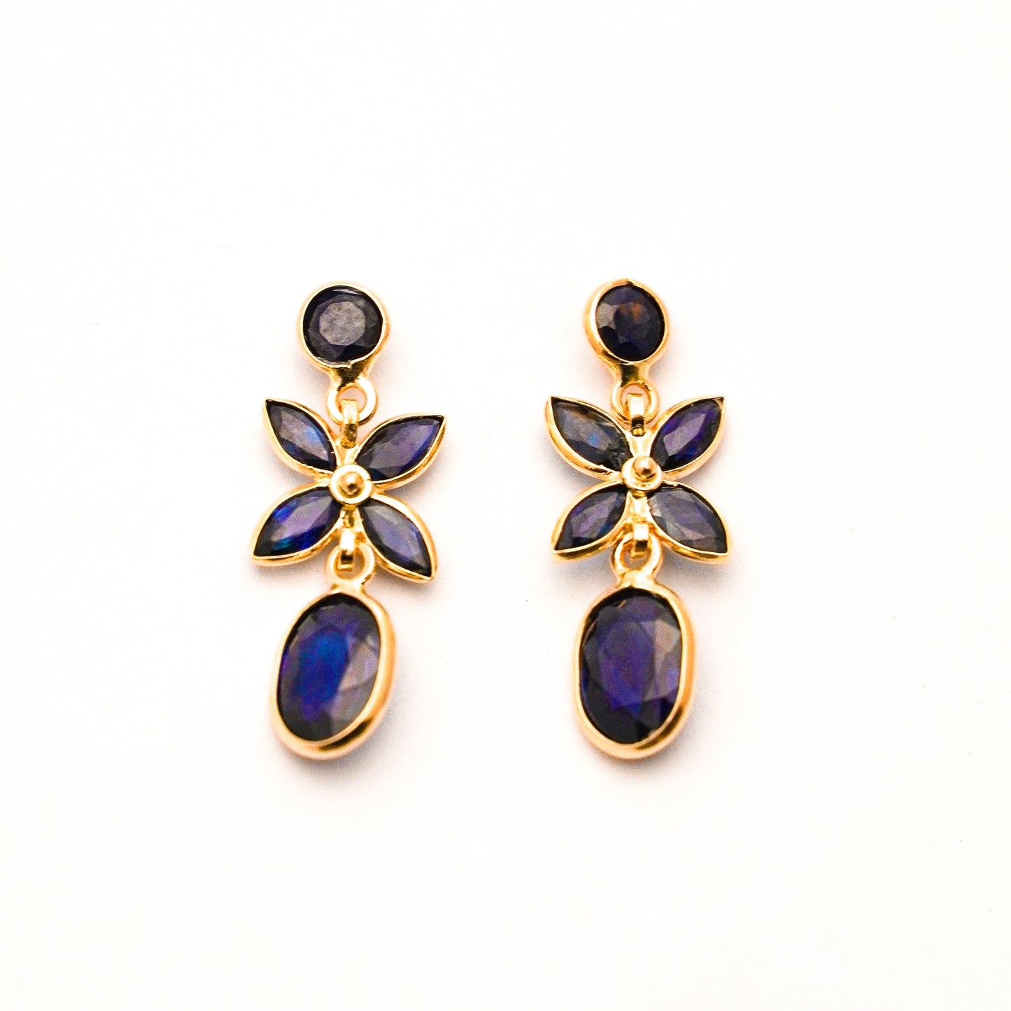 Aretes Flor Zafiro Colgantes Oro Amarillo 18K
