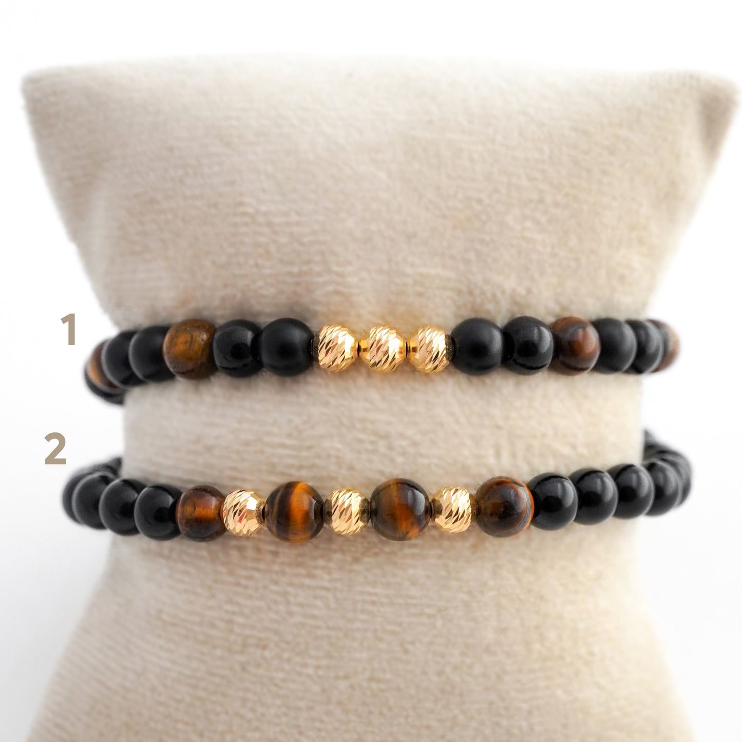 Pulsera tejida ónix y ojo de tigre con bolitas diamantadas 5mm en Oro18k