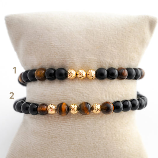 Pulsera tejida ónix y ojo de tigre con bolitas diamantadas 5mm en Oro18k