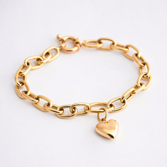 Pulsera Eslabones Redondos con dije corazón en Oro 18k