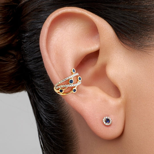 Earcuff bicelado con zafiro y diamantes en Oro18k