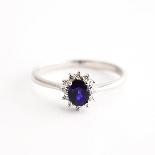 Anillo brillo imperial con zafiro y diamantes naturales en Oro18k blanco